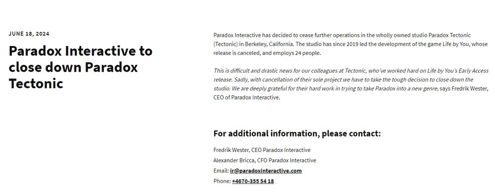《Life By You》確認取消開發後 其工作室 Paradox Tectonic 隨即遭到關閉《Life By You》 - 巴哈姆特