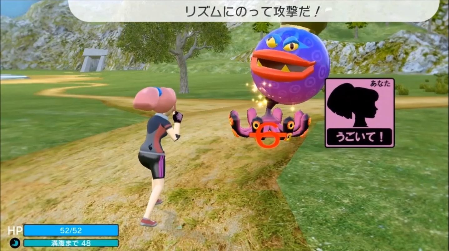 記住範例的節奏,按照範例進行攻擊的節奏遊戲要素(左圖)。也存在於正式版本中,以單腳站立的姿勢騙過敵人的要素(右圖) image