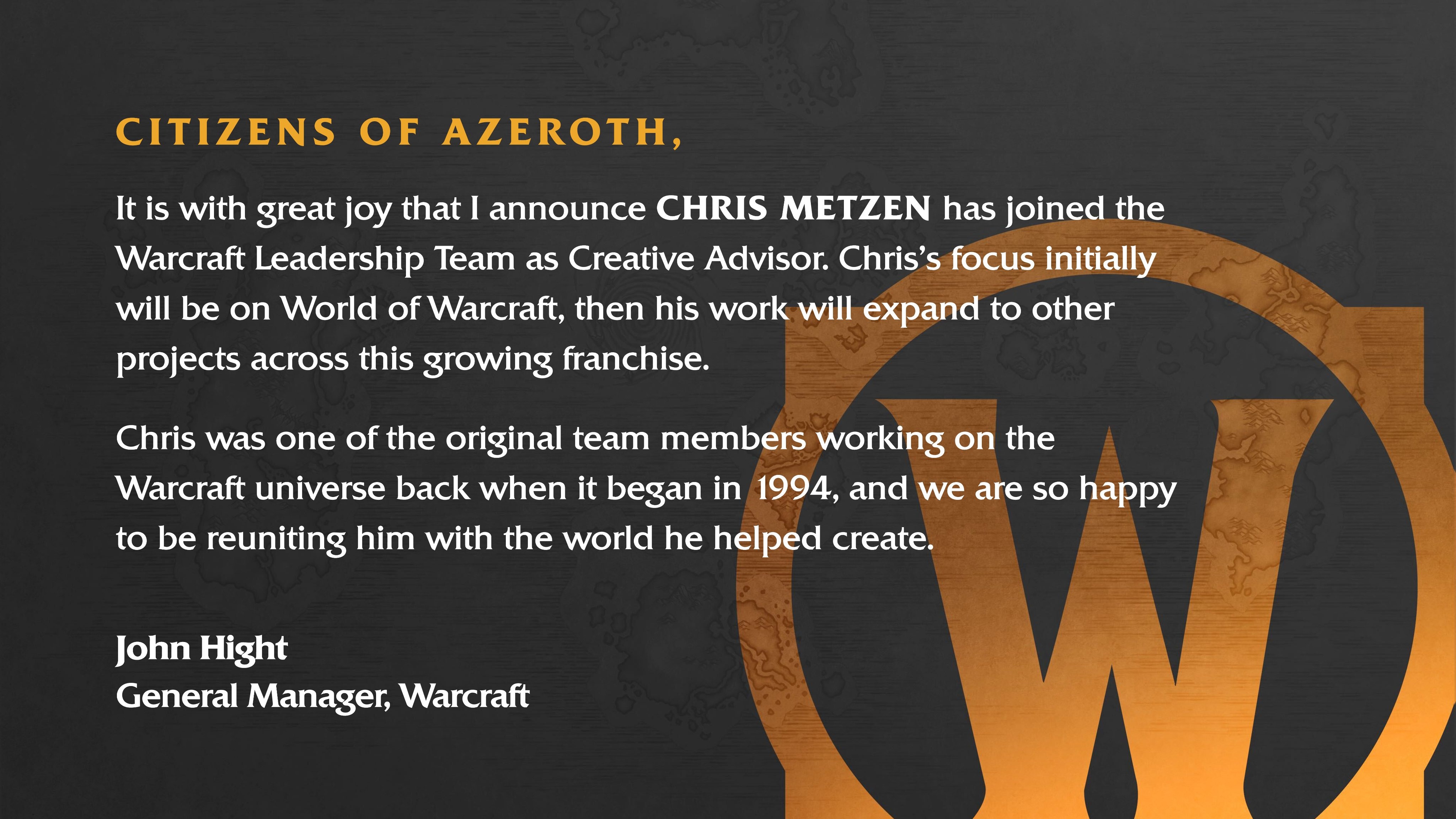 《魔兽争霸》初始团队成员 Chris Metzen 以创意顾问身分回归 Blizzard插图2