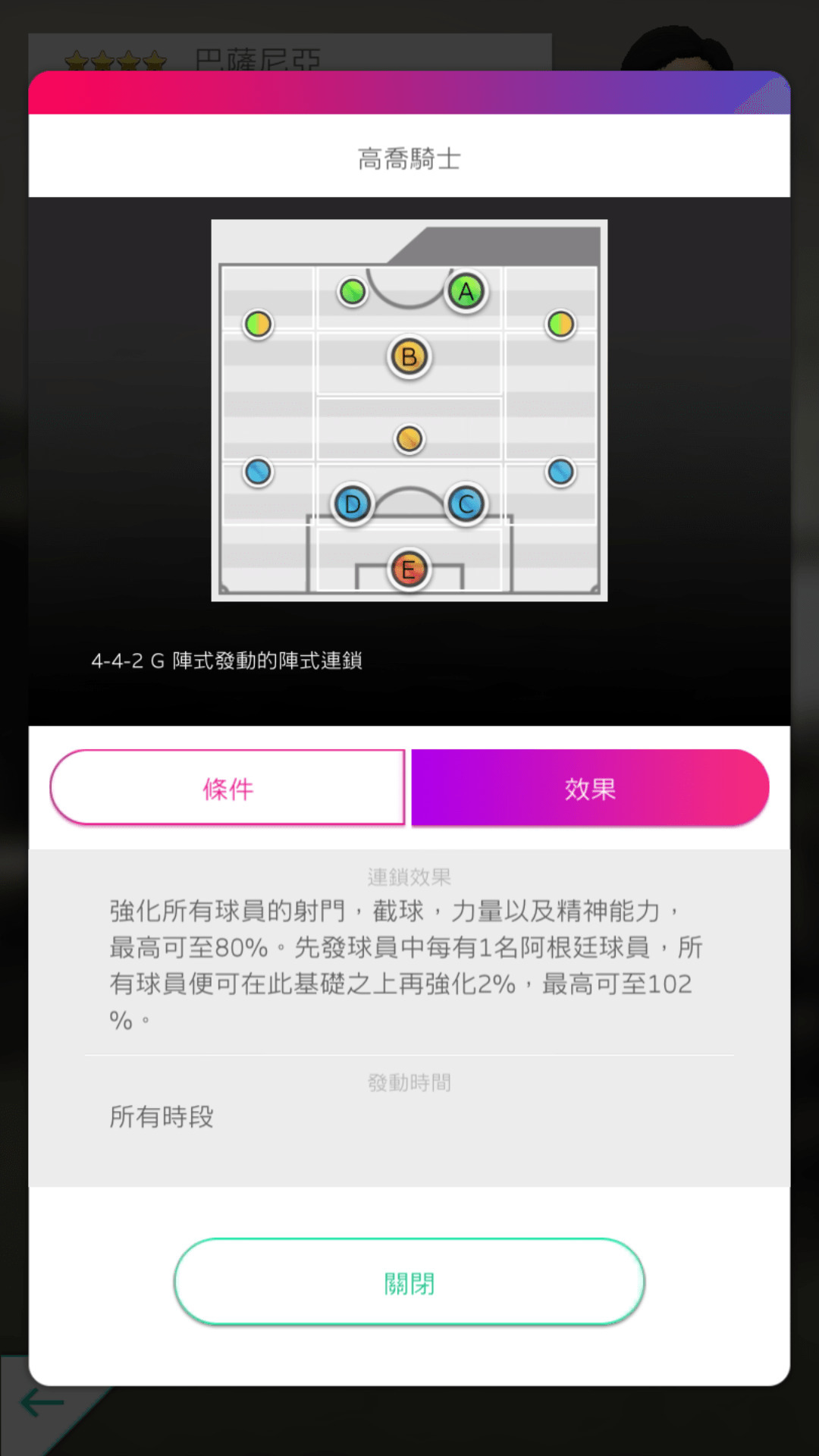 ★4 巴薩尼亞 國籍:阿根廷 得意戰術:中央突破 陣式連鎖:高喬騎士 image