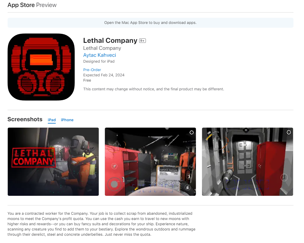 《Lethal Company 》迄今並未推出手機版 image