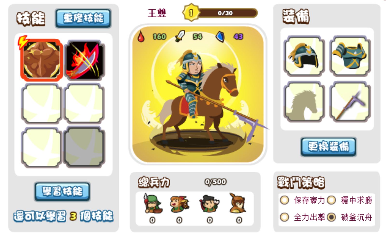 每名武將都有獨特的技能、裝備、等級