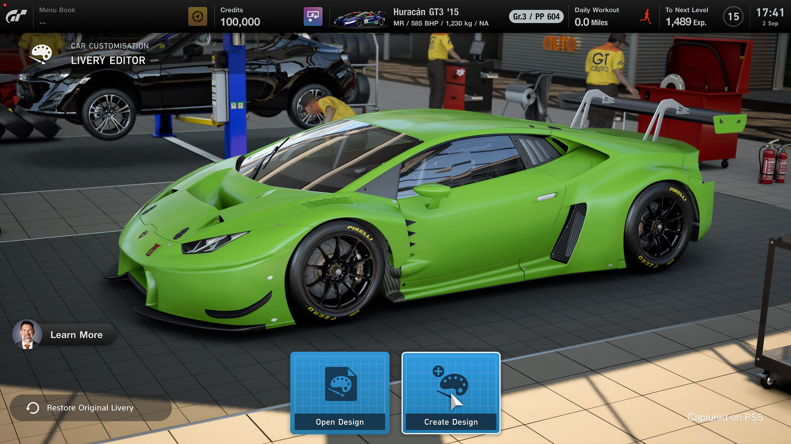 Menu BookCAR CUSTOMISATIONLIVERY EDITORLearn MoreCredits00,000Huracán 3 5MR  585 BHP / 1,230 kg / NAGr.3 / PP 604Daily Workout MilesTo Next Level1,489 Exp.PIRELLIGTPIRELLI151117:412 SepRestore Original LiveryOpen DesignCreate DesignCaptured on PS5