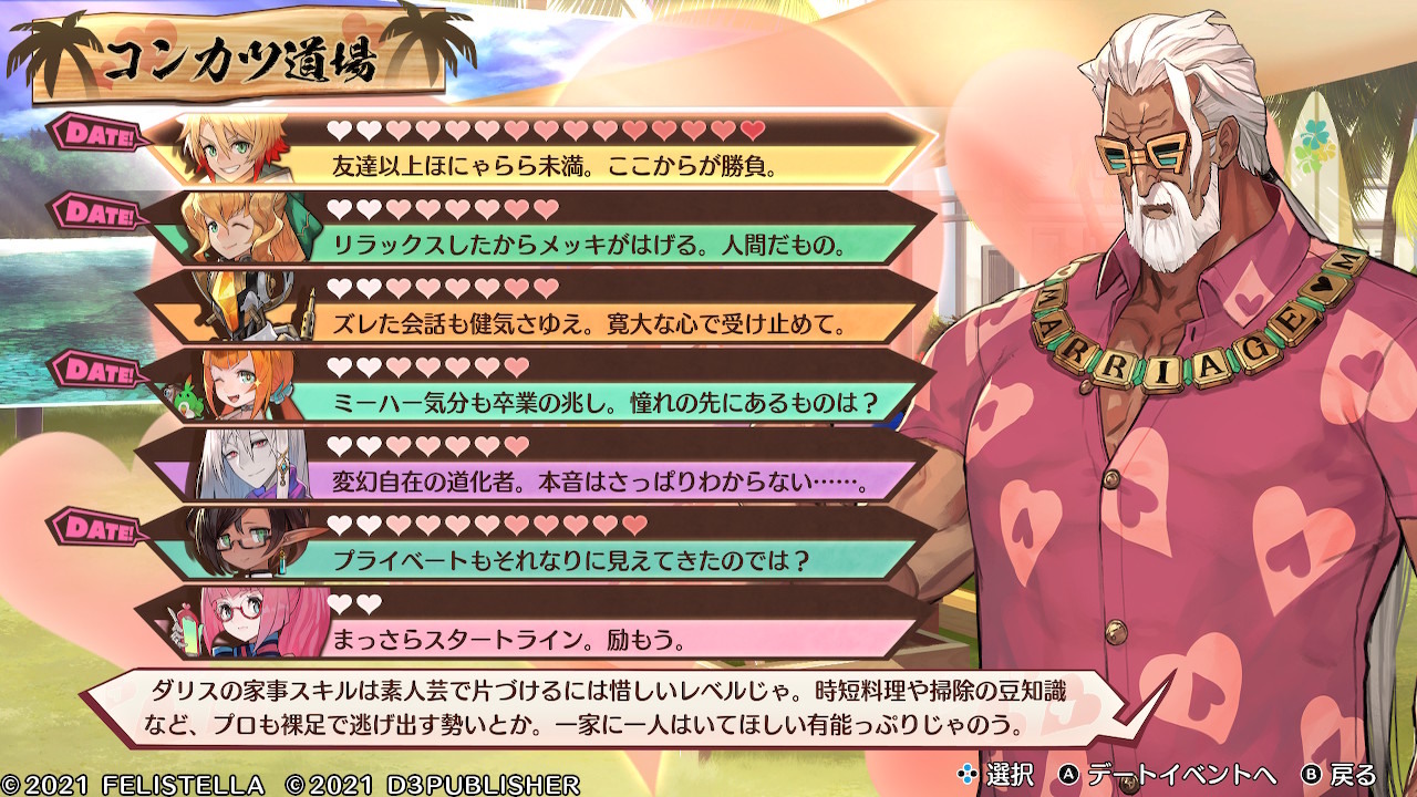 從約會開始的婚活建議,都會由婚活導師 G.G(配音:大友龍三郎)傾囊相授。雖然穿戴著奇怪的太陽眼鏡跟阿囉哈襯衫,外表看起來相當古怪又可疑,但是他給予的建議卻真實到不可思議 image