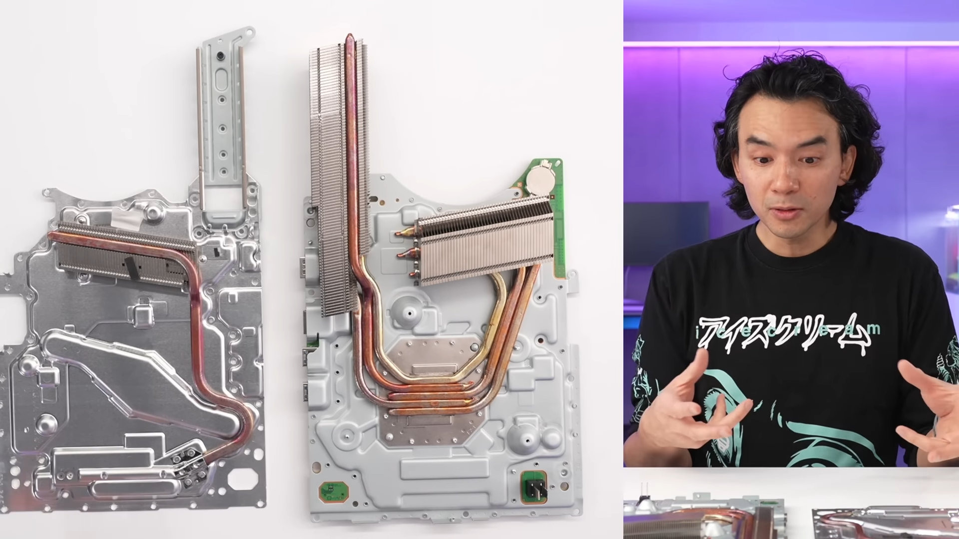 新款式 PS5 主機(右)同樣採用雙面散熱器與液態金屬熱介面材料(取自 Dave2D) image