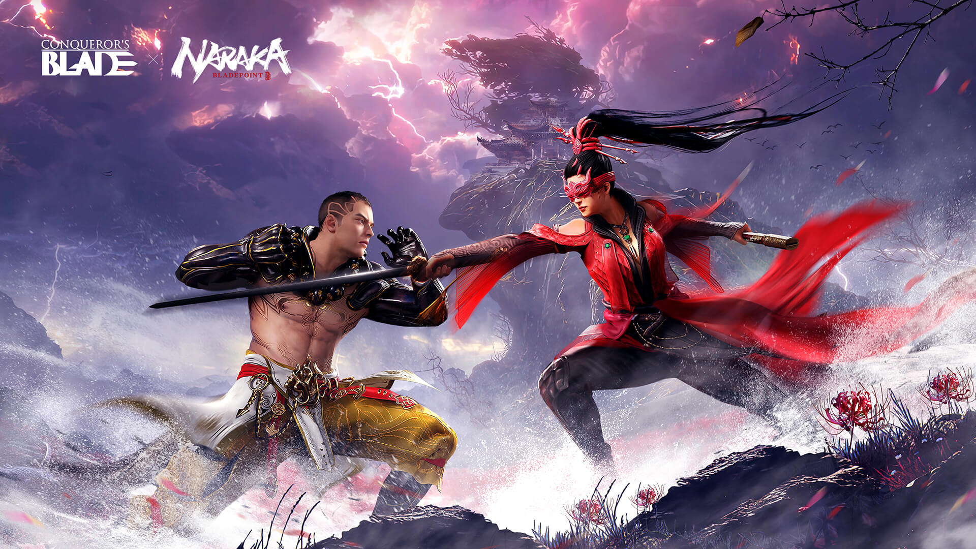 图片展示两位装扮古风的游戏角色正准备对战，背景是戏剧性的天空和飘扬的红色布帛。