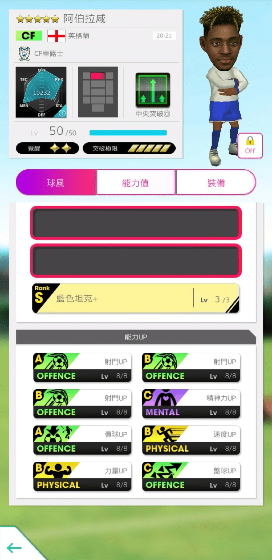 阿伯拉咸(CF/英格蘭/前鋒系統) 他持有使射門能力大幅提升,對方 GK 的體力值大幅下降的技能「卓越爆裂射球」 image