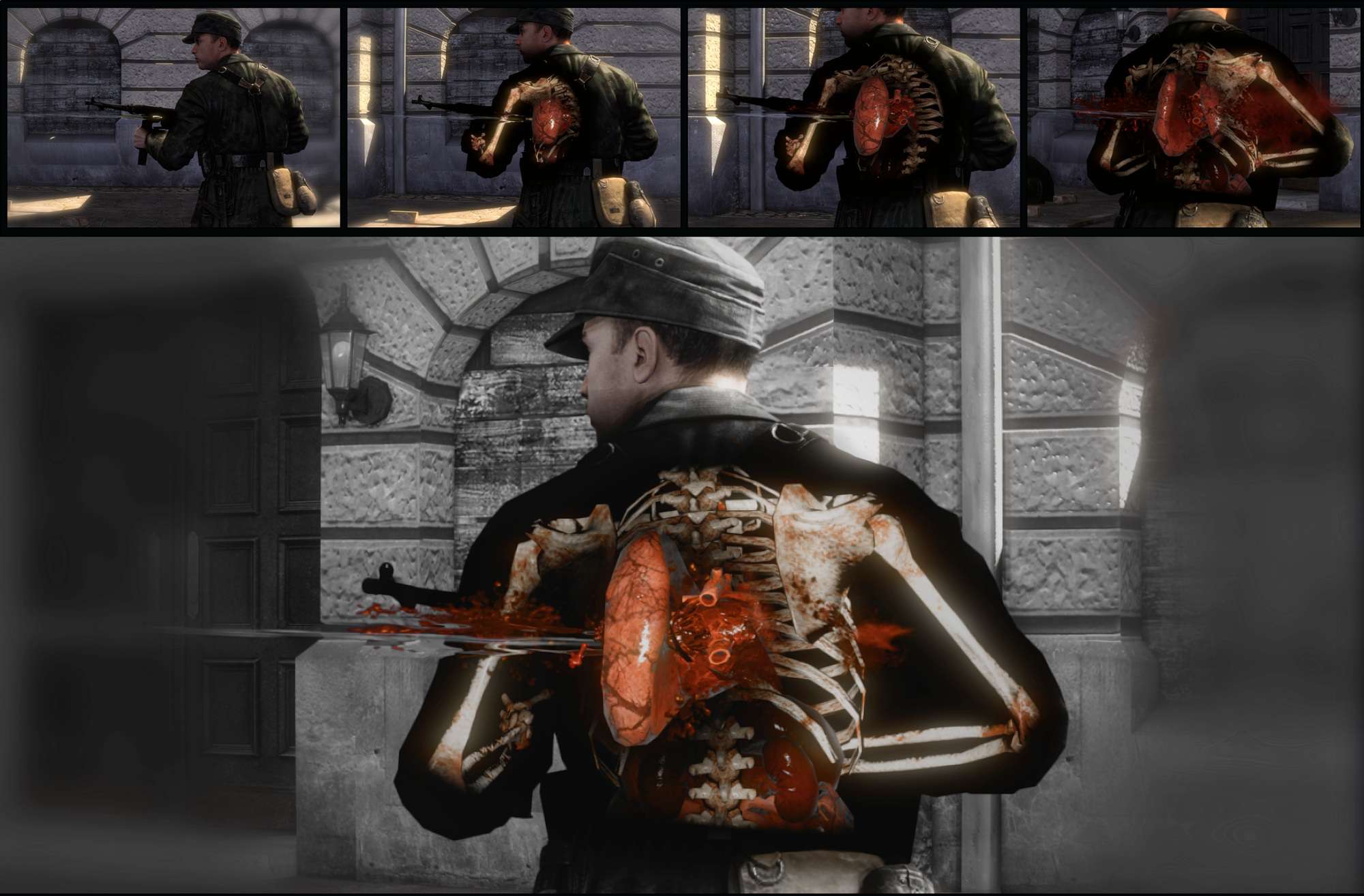 精準命中重要害時,全程以子彈時間 + X 光特效呈現子彈貫穿的軌跡