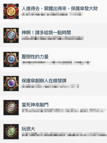 遊戲內的部分成就,像是「幫我撐十秒」「保護傘發大財」等名稱都讓台灣玩家會心一笑 image