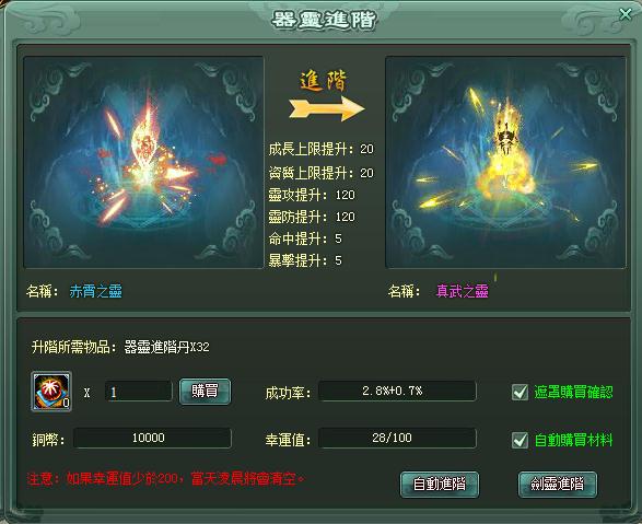 器靈進階可提升資質上限與成長上限