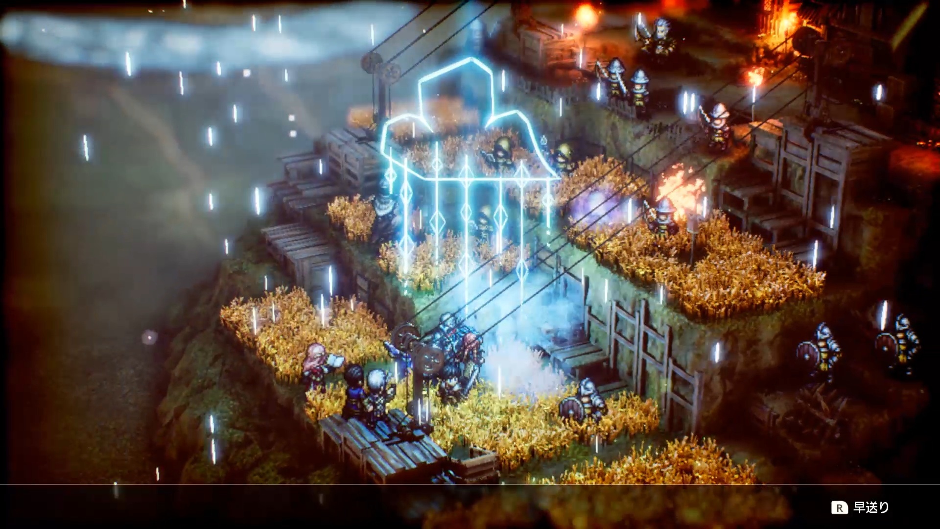 活用我方成員的特技聯手發動的「合作」有多種搭配方式。例如在原野召喚雨水使地形積水,再用雷擊魔法使敵人觸電;點燃原野,再使出衝撞把敵人推入火海等,有各種戰略可以運用 image