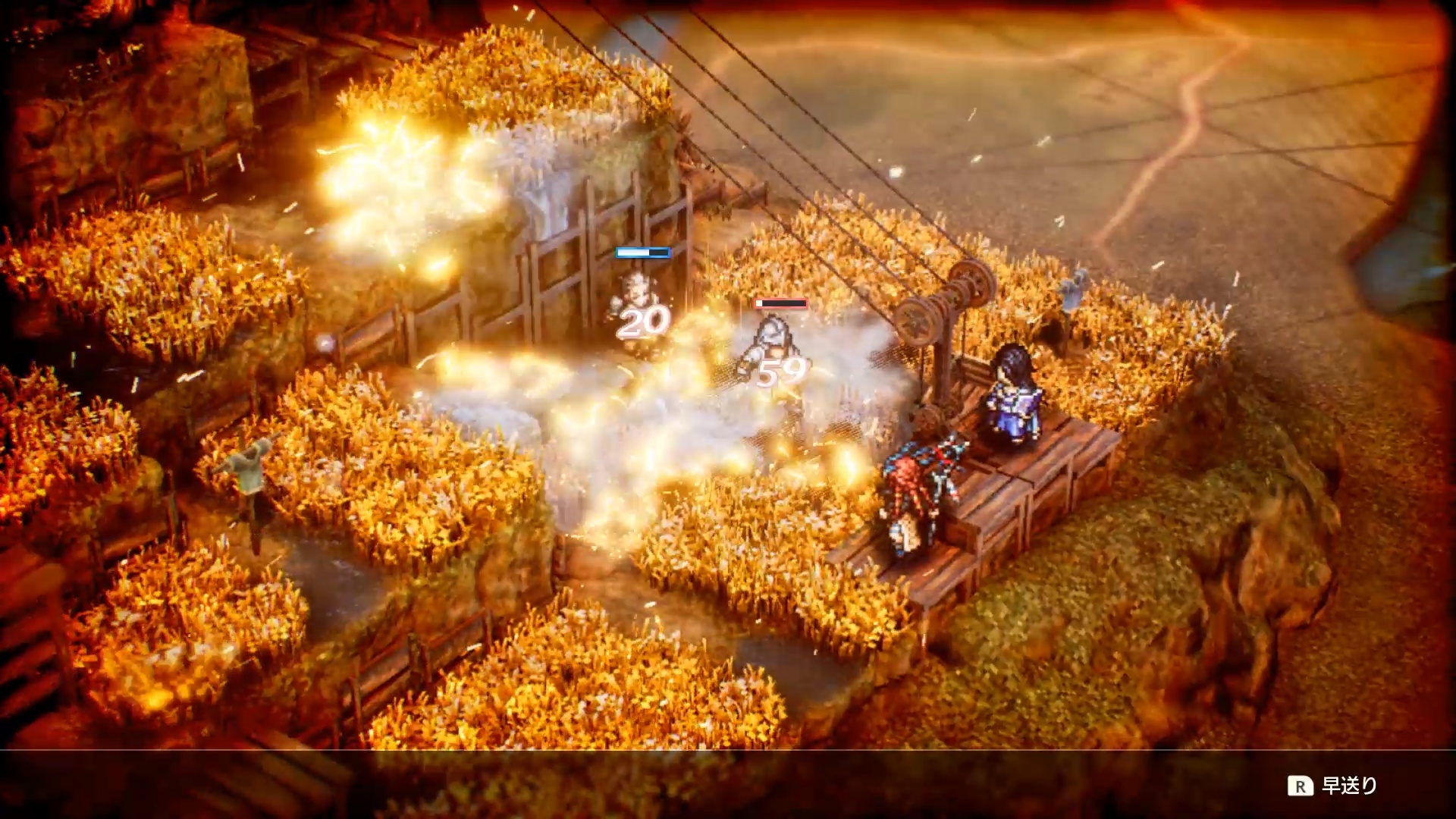 活用我方成員的特技聯手發動的「合作」有多種搭配方式。例如在原野召喚雨水使地形積水,再用雷擊魔法使敵人觸電;點燃原野,再使出衝撞把敵人推入火海等,有各種戰略可以運用 image