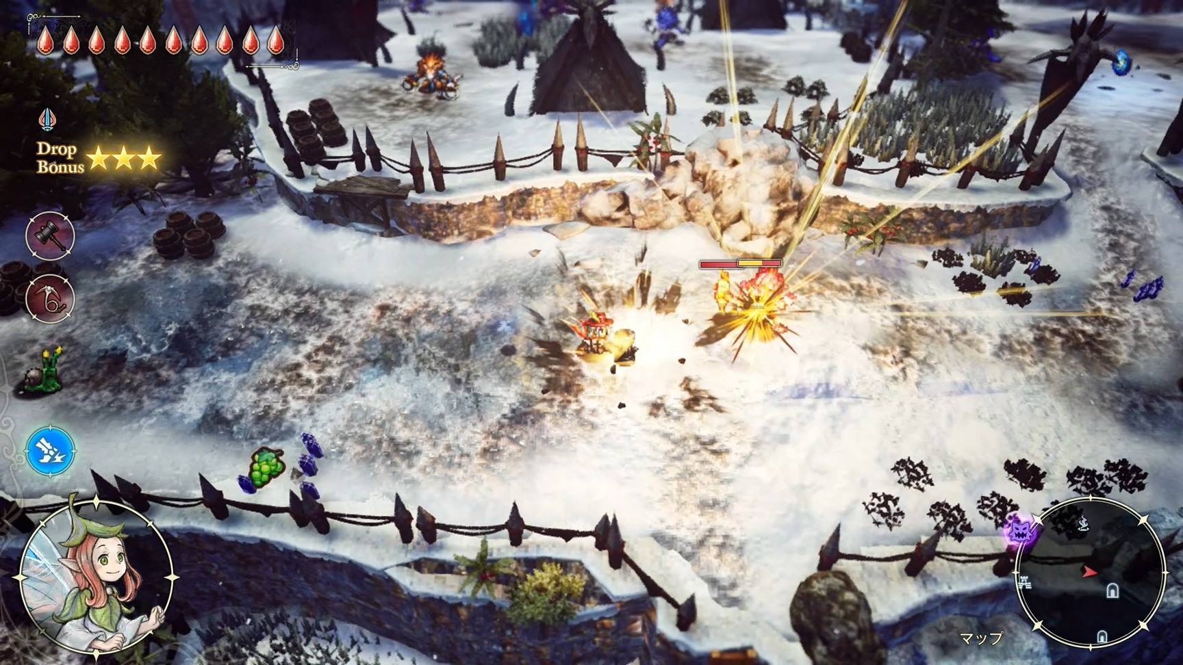 鎚子揮動速度慢,但每一擊的威力高。而必殺技則是由上往下揮擊。還可以敲打原野上的木樁 image