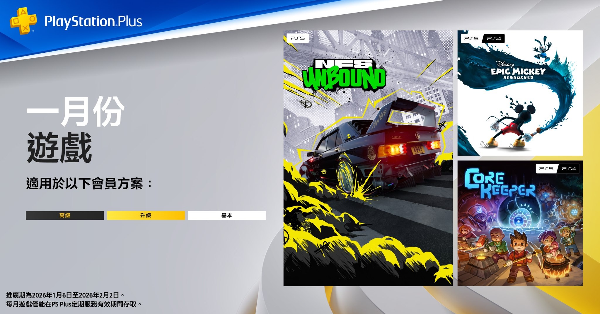 PlayStation Plus 1月遊戲陣容公佈：《極速快感：桀驁不馴》《傳奇米奇》等免費玩