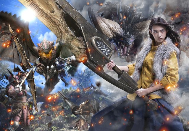 2018 年《魔物獵人：The Real》手拿武器體驗狩獵《魔物獵人 世界》的「滅盡龍」也會登場